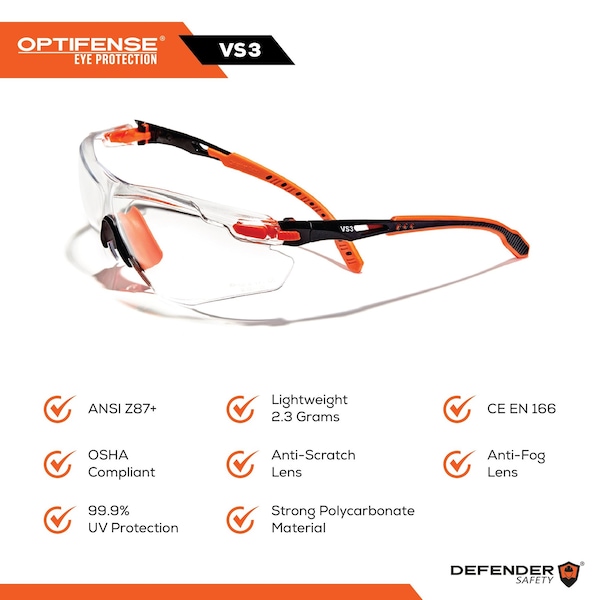 OPTIFENSE VS3 Anti Fog, AntiScratch, Premium SMOKED Safety Glasses, ANSI Z87  Safety Yellow